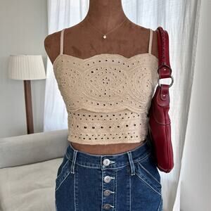Jason Wu Beige Linen Eyelet Crop Top Rear Zip Closure Adjustable Straps Size S